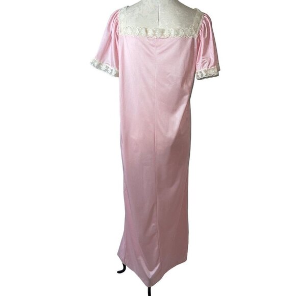 Vintage Womens Nightgown Size Medium Pink Nylon Lace Trim Flutter Sleeve Silky - Picture 2 of 10
